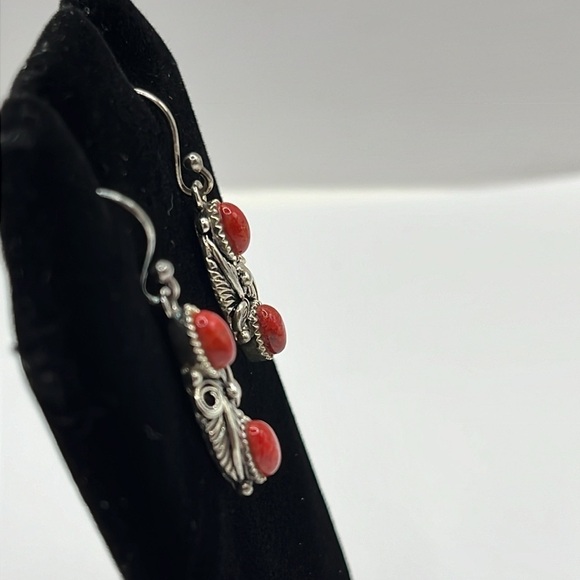 Red Oval Coral Leaf Design Dangle  Drop Earrings BBJ for JTV Sterling Silver - Picture 2 of 7